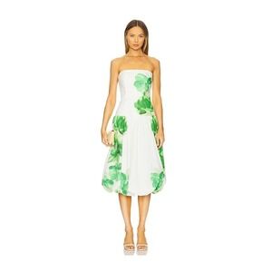 Amanda Uprichard Floral Print Bubble Hem Midi Dress Strapless Green White M